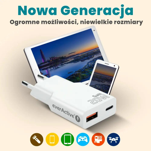 EVERACTIVE ŁADOWARKA SIECIOWA 1 X USB, 1 X USB-C QUICK CHARGE 3.0 20W SUPER SLIM BIAŁA SC-340Q-25735982