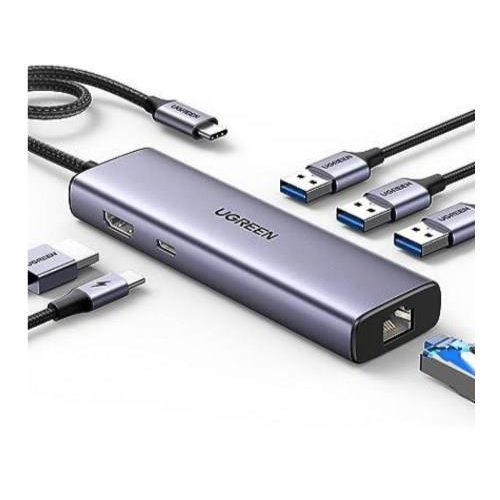 HUB Ugreen CM512 15598 6w1 USB-C - 3x USB-A 3.0 / HDMI / RJ45 / USB-C PD - szary