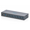 HUB przemysłowy 10-portowy USB 3.2 Gen1 5Gbit/s, 10x USB-A, host USB-B, obudowa metalowa IP30 szyna DIN, zasilanie 12V DC / 7-30V, ESD