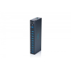 HUB przemysłowy 10-portowy USB 3.2 Gen1 5Gbit/s, 10x USB-A, host USB-B, obudowa metalowa IP30 szyna DIN, zasilanie 12V 