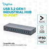 HUB przemysłowy 10-portowy USB 3.2 Gen1 5Gbit/s, 10x USB-A, host USB-B, obudowa metalowa IP30 szyna DIN, zasilanie 12V 