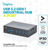 HUB przemysłowy 4-portowy USB 3.2 Gen1 5Gbit/s, 4x USB-A, host USB-B, obudowa metalowa IP30, szyna DIN, zasilanie 12V D