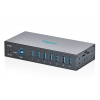 HUB przemysłowy 7-portowy USB 3.2 Gen1 5Gbit/s, 7x USB-A, host USB-B, obudowa metalowa IP30, szyna DIN, zasilanie 12V DC / 7-30V, ESD