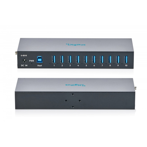 HUB przemysłowy 10-portowy USB 3.2 Gen1 5Gbit/s, 10x USB-A, host USB-B, obudowa metalowa IP30 szyna DIN, zasilanie 12V 