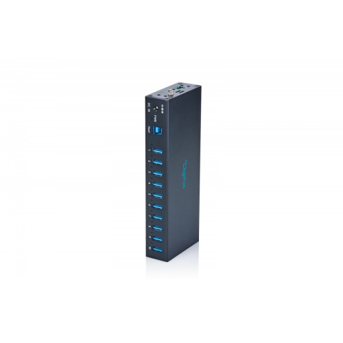 HUB przemysłowy 10-portowy USB 3.2 Gen1 5Gbit/s, 10x USB-A, host USB-B, obudowa metalowa IP30 szyna DIN, zasilanie 12V 