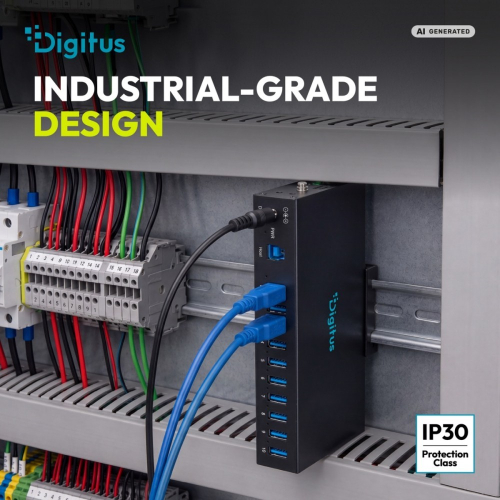 HUB przemysłowy 10-portowy USB 3.2 Gen1 5Gbit/s, 10x USB-A, host USB-B, obudowa metalowa IP30 szyna DIN, zasilanie 12V 