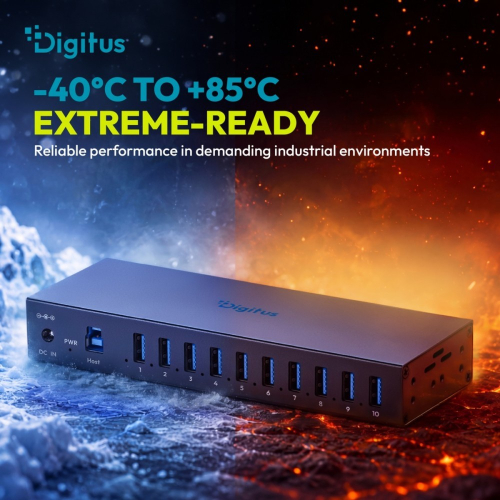 HUB przemysłowy 10-portowy USB 3.2 Gen1 5Gbit/s, 10x USB-A, host USB-B, obudowa metalowa IP30 szyna DIN, zasilanie 12V 