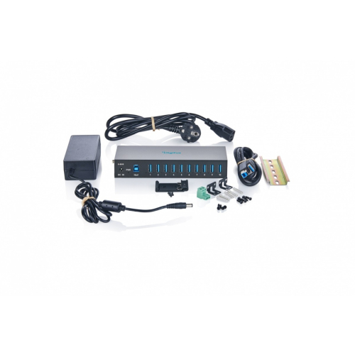 HUB przemysłowy 10-portowy USB 3.2 Gen1 5Gbit/s, 10x USB-A, host USB-B, obudowa metalowa IP30 szyna DIN, zasilanie 12V 