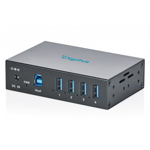 HUB przemysłowy 4-portowy USB 3.2 Gen1 5Gbit/s, 4x USB-A, host USB-B, obudowa metalowa IP30, szyna DIN, zasilanie 12V DC / 7-30V, ESD
