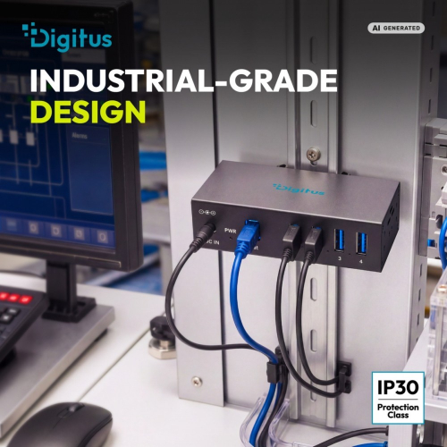 HUB przemysłowy 4-portowy USB 3.2 Gen1 5Gbit/s, 4x USB-A, host USB-B, obudowa metalowa IP30, szyna DIN, zasilanie 12V D