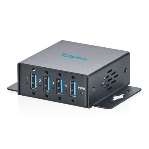 HUB przemysłowy kompaktowy 4-portowy USB 3.2 Gen1 5Gbit/s, 4x USB-A, host USB-C, metal IP30, porty przykręcane, zasilanie DC/terminal, ESD