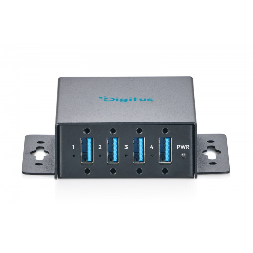 HUB przemysłowy kompaktowy 4-portowy USB 3.2 Gen1 5Gbit/s, 4x USB-A, host USB-C, metal IP30, porty przykręcane, zasila