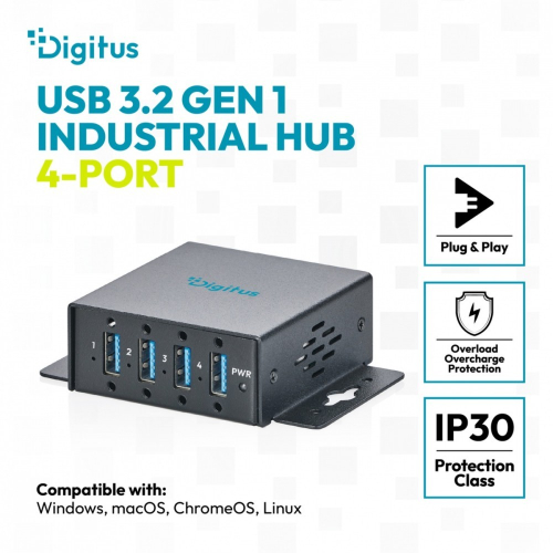 HUB przemysłowy kompaktowy 4-portowy USB 3.2 Gen1 5Gbit/s, 4x USB-A, host USB-C, metal IP30, porty przykręcane, zasila