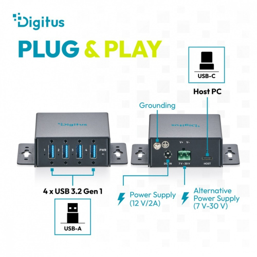 HUB przemysłowy kompaktowy 4-portowy USB 3.2 Gen1 5Gbit/s, 4x USB-A, host USB-C, metal IP30, porty przykręcane, zasila