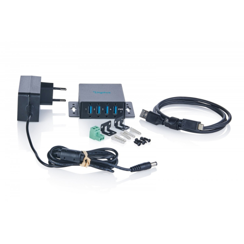 HUB przemysłowy kompaktowy 4-portowy USB 3.2 Gen1 5Gbit/s, 4x USB-A, host USB-C, metal IP30, porty przykręcane, zasila