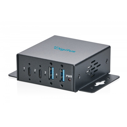 HUB przemysłowy kompaktowy 4-portowy USB 3.2 Gen1 5Gbit/s, 2x USB-A + 2x USB-C, host USB-C, porty przykręcane, metal IP30, zasilanie DC, ESD
