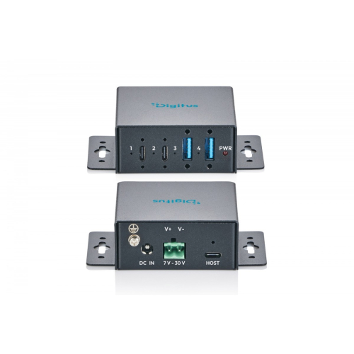 HUB przemysłowy kompaktowy 4-portowy USB 3.2 Gen1 5Gbit/s, 2x USB-A + 2x USB-C, host USB-C, porty przykręcane, metal I