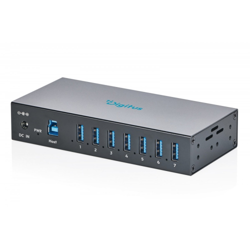HUB przemysłowy 7-portowy USB 3.2 Gen1 5Gbit/s, 7x USB-A, host USB-B, obudowa metalowa IP30, szyna DIN, zasilanie 12V DC / 7-30V, ESD