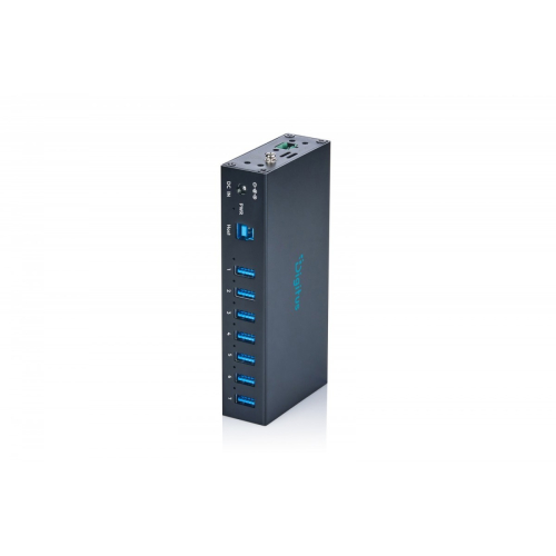 HUB przemysłowy 7-portowy USB 3.2 Gen1 5Gbit/s, 7x USB-A, host USB-B, obudowa metalowa IP30, szyna DIN, zasilanie 12V D