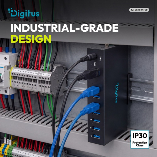 HUB przemysłowy 7-portowy USB 3.2 Gen1 5Gbit/s, 7x USB-A, host USB-B, obudowa metalowa IP30, szyna DIN, zasilanie 12V D