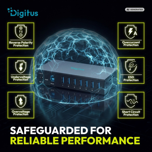HUB przemysłowy 7-portowy USB 3.2 Gen1 5Gbit/s, 7x USB-A, host USB-B, obudowa metalowa IP30, szyna DIN, zasilanie 12V D