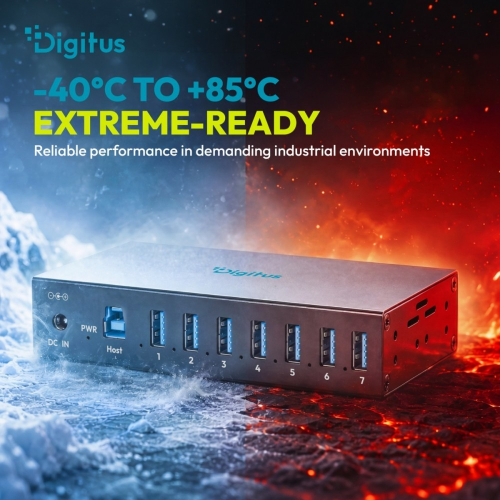 HUB przemysłowy 7-portowy USB 3.2 Gen1 5Gbit/s, 7x USB-A, host USB-B, obudowa metalowa IP30, szyna DIN, zasilanie 12V D