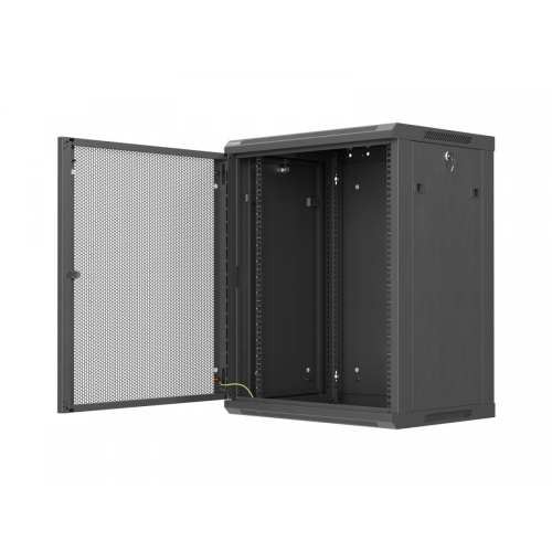 Szafa instalacyjna rack wisząca 19 cali 15U 600x450 czarna drzwi perforowane (flat pack)-26097785