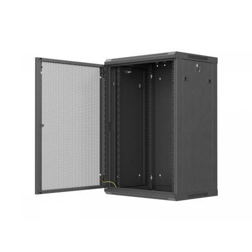 Szafa instalacyjna rack wisząca 19 cali 18U 600x450 czarna drzwi perforowane (flat pack)-26097827