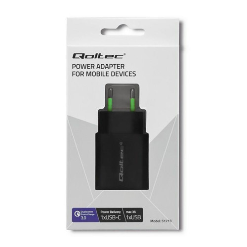 QOLTEC ŁADOWARKA SIECIOWA 18W | 5-12V | 1.5-3A | USB TYP C PD | USB QC 3.0 | CZARNA-3002020