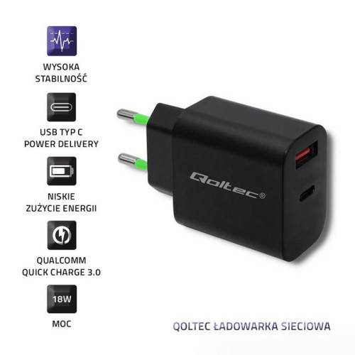 QOLTEC ŁADOWARKA SIECIOWA 18W | 5-12V | 1.5-3A | USB TYP C PD | USB QC 3.0 | CZARNA-3002021