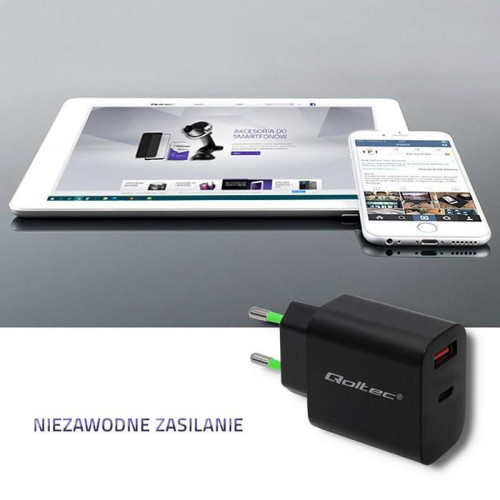 QOLTEC ŁADOWARKA SIECIOWA 18W | 5-12V | 1.5-3A | USB TYP C PD | USB QC 3.0 | CZARNA-3002022