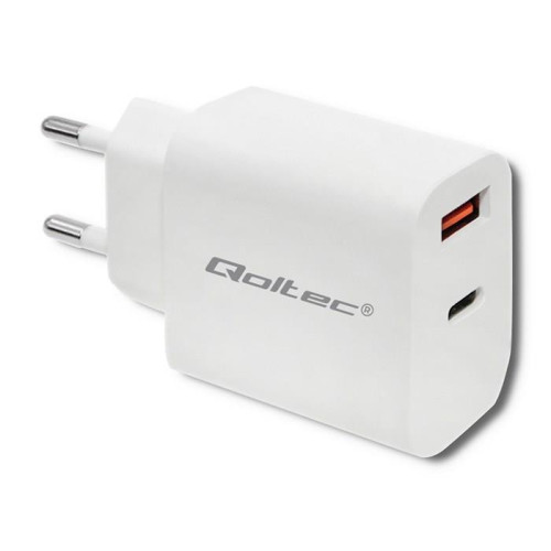 QOLTEC ŁADOWARKA SIECIOWA 18W | 5-12V | 1.5-3A | USB TYP C PD | USB QC 3.0 | BIAŁA-3002026