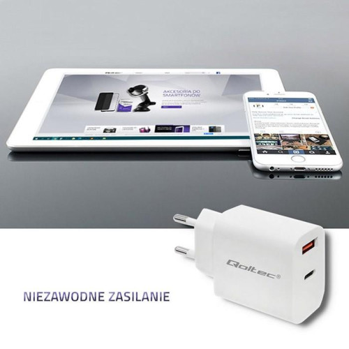 QOLTEC ŁADOWARKA SIECIOWA 18W | 5-12V | 1.5-3A | USB TYP C PD | USB QC 3.0 | BIAŁA-3002029