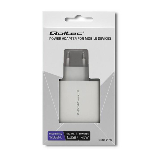 QOLTEC ŁADOWARKA SIECIOWA 45W | 5-20V | 2.4-3A | USB TYP C PD | USB | BIAŁA-3002054