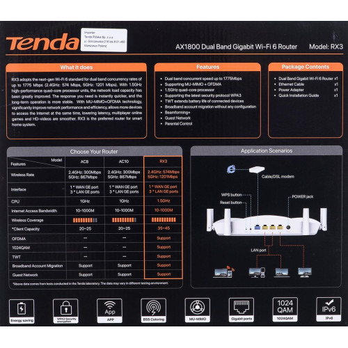 Router Tenda RX3 Dwupasmowy gigabitowy router WiFi6-3160851