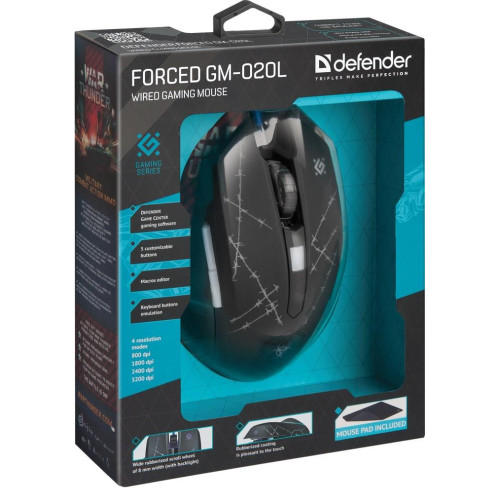 DEFENDER MYSZ PRZEWODOWA FORCED GM-020L 800/1800/2400/3200 DPI 6P + PODKŁADKA + GRA 52020-3994766