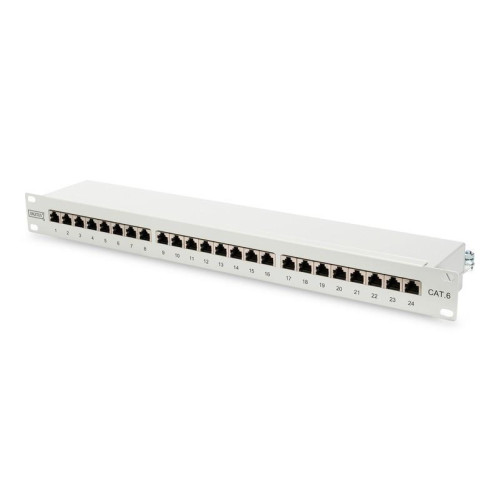 Patch panel 19" 24 porty, kat.6, S/FTP, 1U, wspornik kablowy, szary (kompletny) -588685