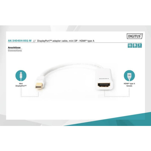 Kabel adapter Displayport 1080p 60Hz FHD Typ miniDP/HDMI A M/Ż biały 0,15m-4416217