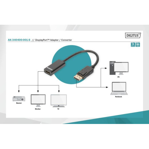 Kabel adapter Displayport z zatrzaskiem 1080p 60Hz FHD Typ DP/HDMI A M/Ż czarny 0,15m-4417112
