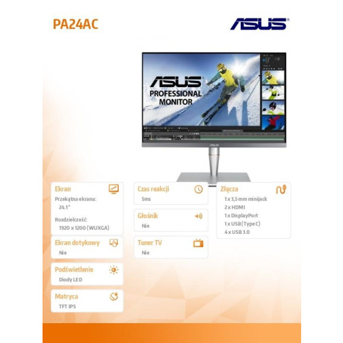 Monitor 24 cale PA24AC ProArt WUXGA IPS 100% sRGB 1200cd/m2 500:1 HDMI USB-C DP PIVOT Głośnik PIP PBP-4420595