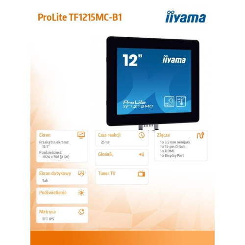 Monitor TF1215MC-B1 12cali IPS, HDMI, DP, VGA, IP65, poj.10pkt, 450cd/m2-4430830