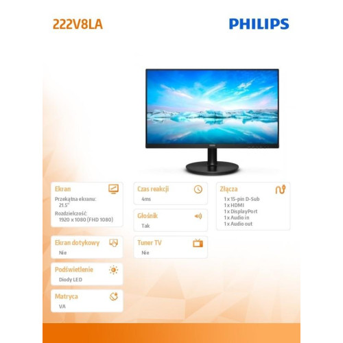 Monitor 222V8LA 21.5 cala VA HDMI DP Głośniki-4435033