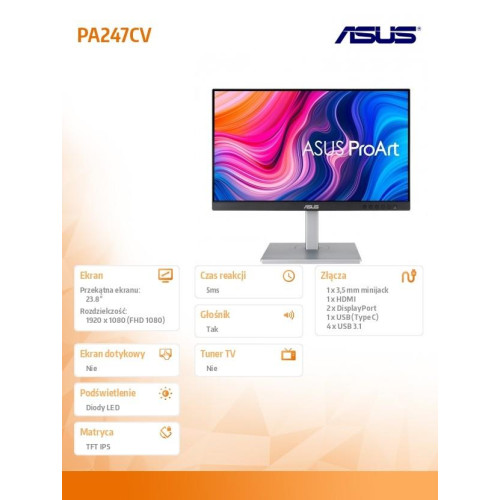Monitor 24 cale PA247CV ProArt IPS HDMI USB-C DP PIVOT Głośnik 100%sRGB DisplayPort Daisy-chaining-4442858