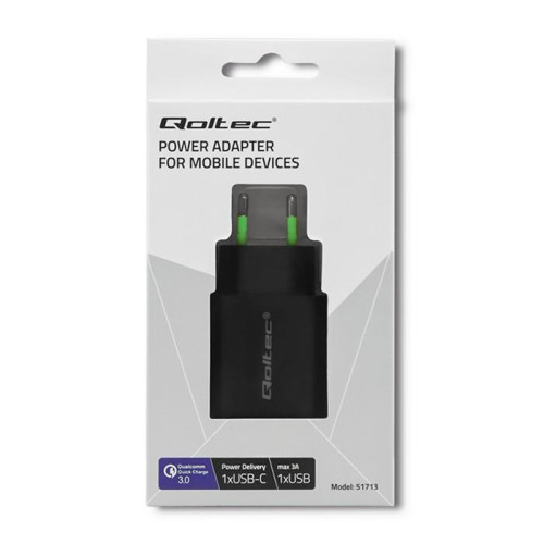Ładowarka sieciowa | 18W | 5-12V | 1.5-3A | USB typ C PD | USB QC 3.0 | Czarna-4467357
