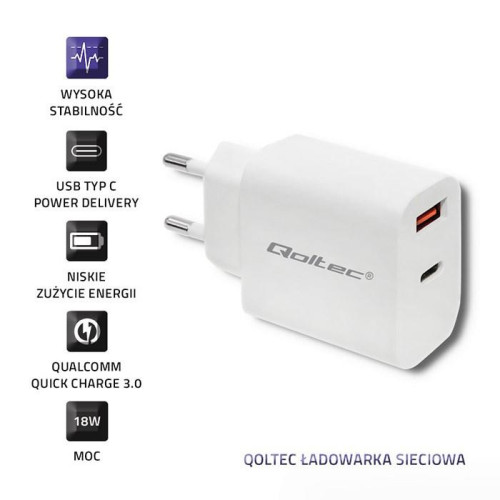 Ładowarka sieciowa | 18W | 5-12V | 1.5-3A | USB typ C PD | USB QC 3.0 | Biała-4467359