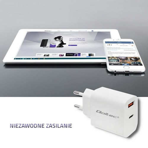 Ładowarka sieciowa | 18W | 5-12V | 1.5-3A | USB typ C PD | USB QC 3.0 | Biała-4467360