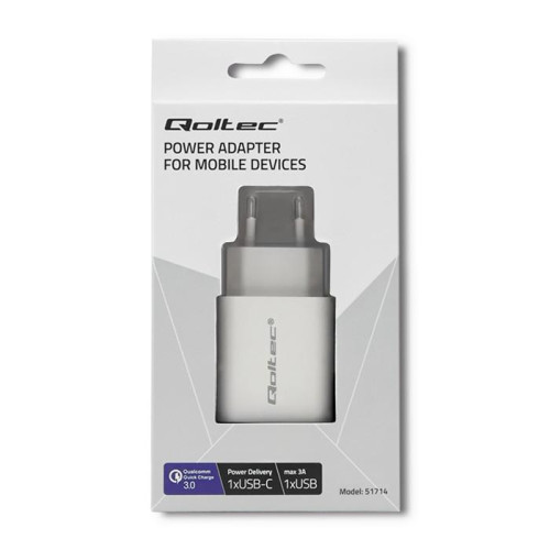 Ładowarka sieciowa | 18W | 5-12V | 1.5-3A | USB typ C PD | USB QC 3.0 | Biała-4467364