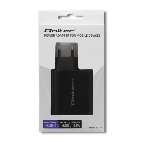 Ładowarka sieciowa | 63W | 5-20V | 1.5-3A | USB typ C PD | USB QC 3.0 | Czarna-4467377