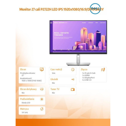 Monitor P2722H 27 cali LED IPS 1920x1080/16:9/DP/VGA/3Y-4467548