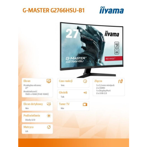 Monitor 27 cali G2766HSU-B1 VA,165HZ,1500R,1MS,DP,HDMIx2,USB,FreeSync-4474171